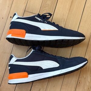 Puma Men's Navy and White Sneakers with Orange Highlights